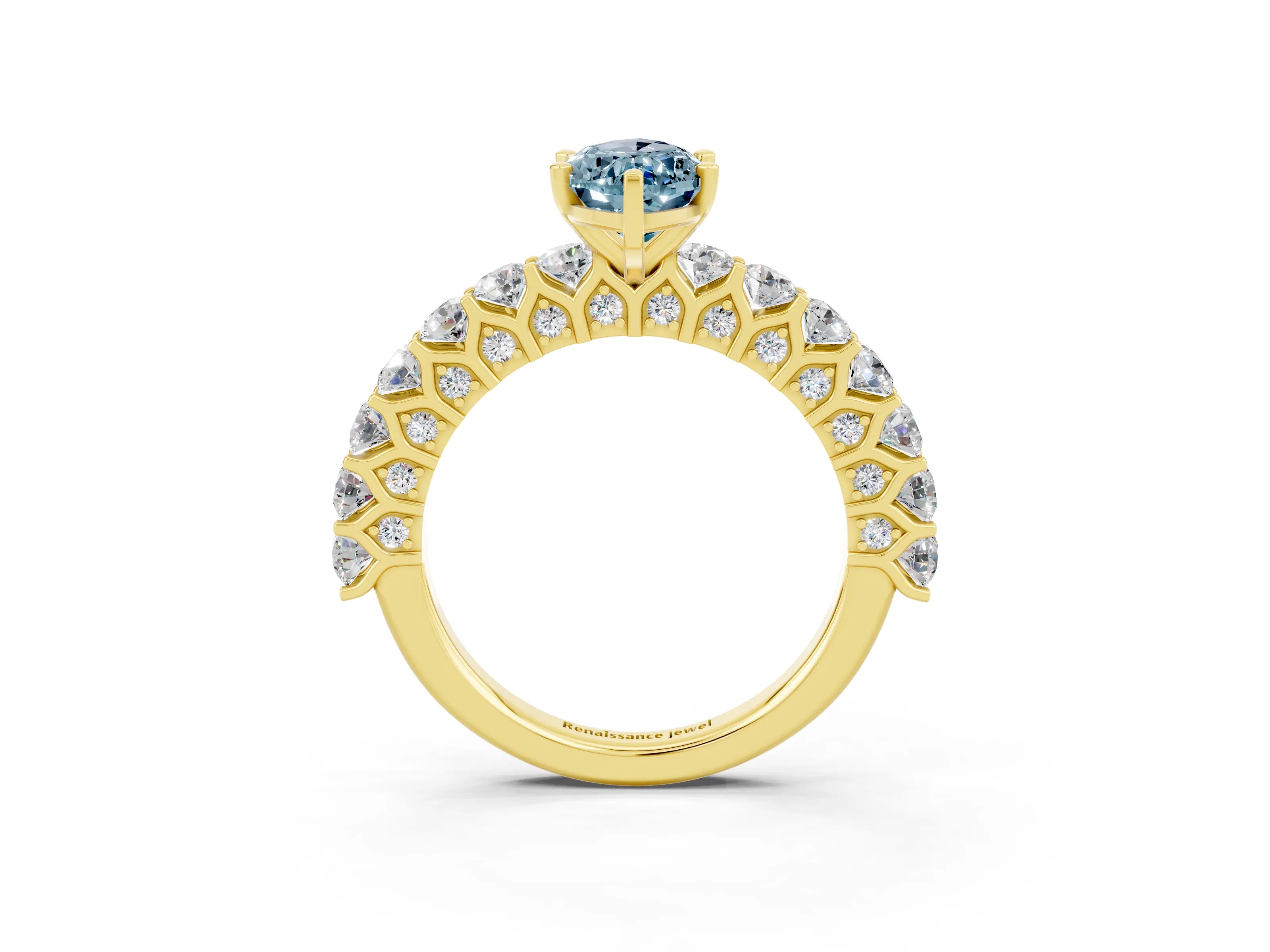 Yellow gold Marquise Cut Aquamarine Solitaire Ring with Shared Prong Pavé Band and Four-Prong Setting_3