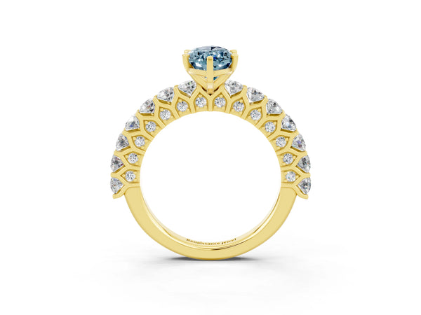 Yellow gold Marquise Cut Aquamarine Solitaire Ring with Shared Prong Pavé Band and Four-Prong Setting
