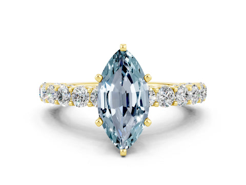 Yellow gold Marquise Cut Aquamarine Solitaire Ring with Shared Prong Pavé Band and Four-Prong Setting