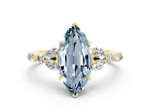 Yellow gold Marquise Cut Aquamarine Solitaire Ring with Side Stones and Four-Prong Setting