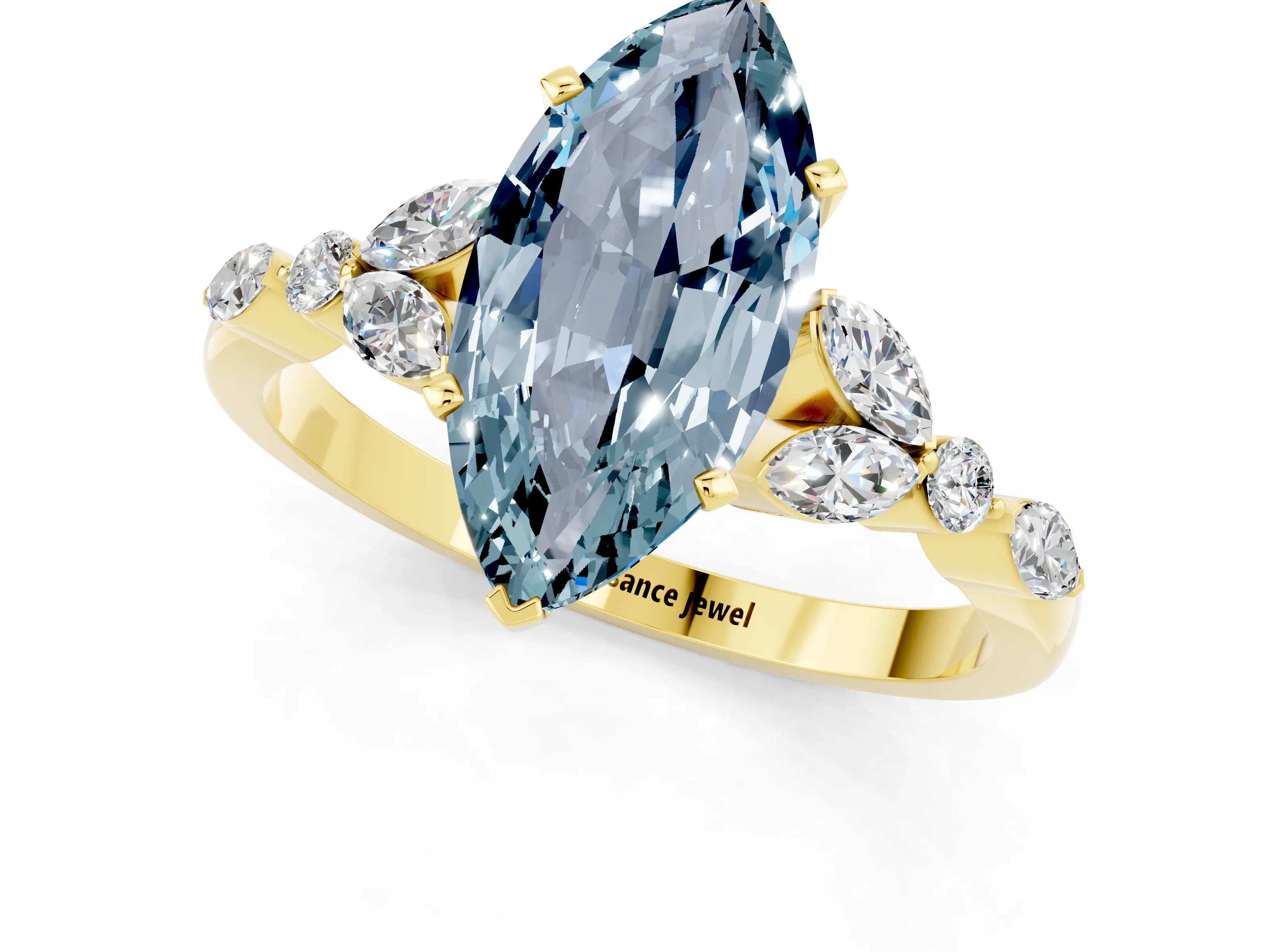 Yellow gold Marquise Cut Aquamarine Solitaire Ring with Side Stones and Four-Prong Setting_13