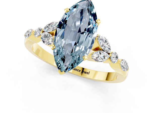 Yellow gold Marquise Cut Aquamarine Solitaire Ring with Side Stones and Four-Prong Setting
