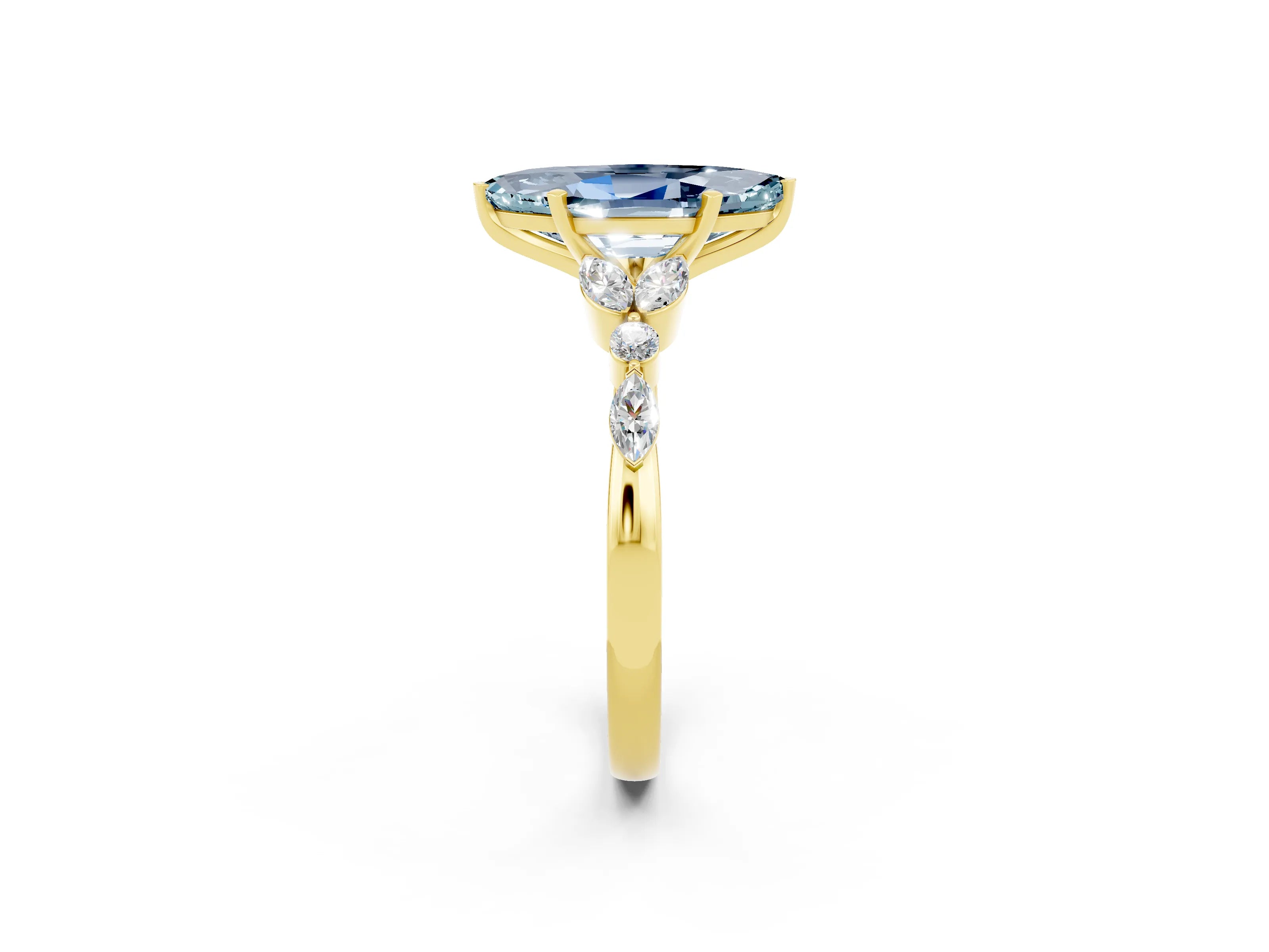 Yellow gold Marquise Cut Aquamarine Solitaire Ring with Side Stones and Four-Prong Setting_14