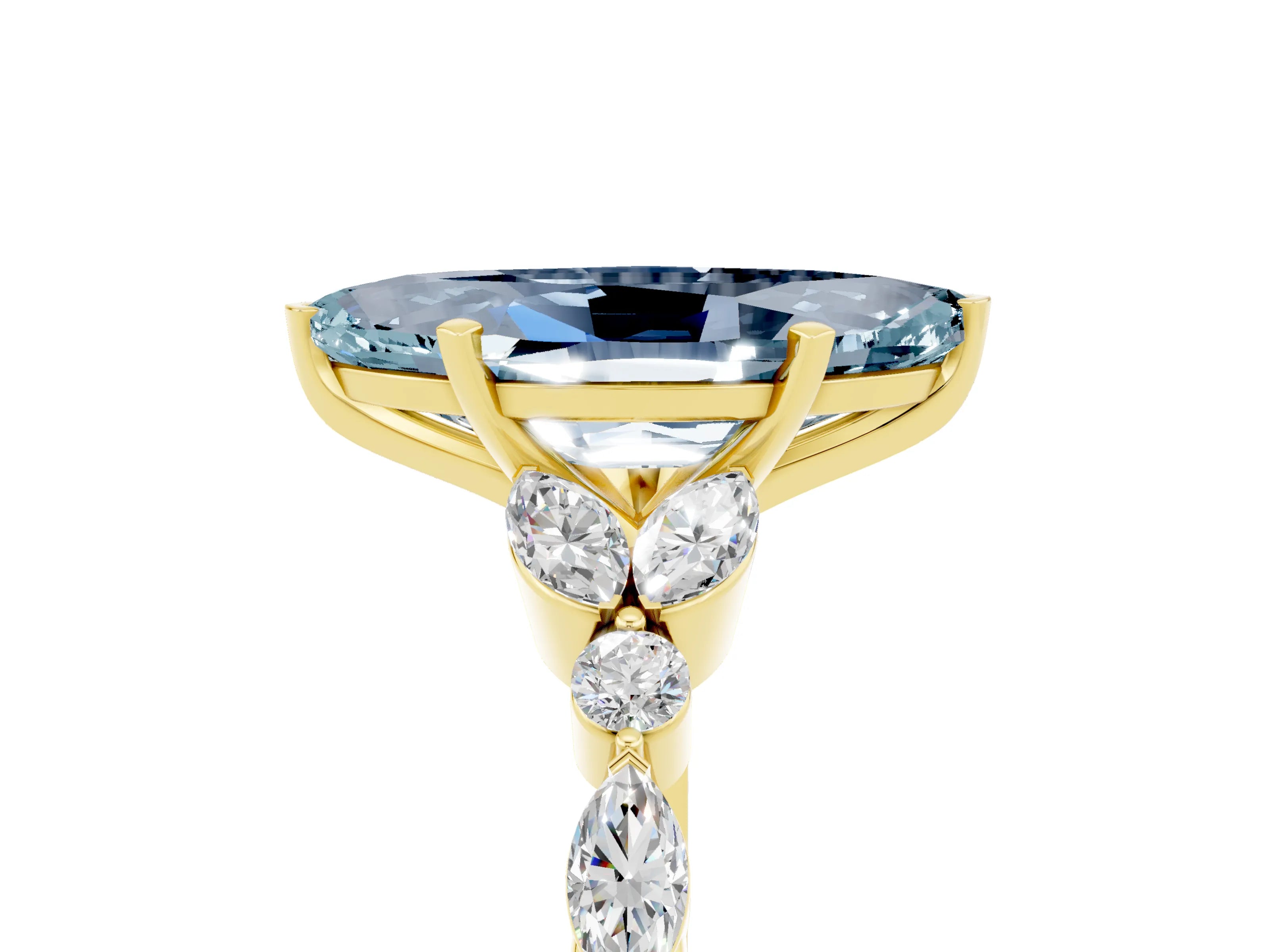 Yellow gold Marquise Cut Aquamarine Solitaire Ring with Side Stones and Four-Prong Setting_17