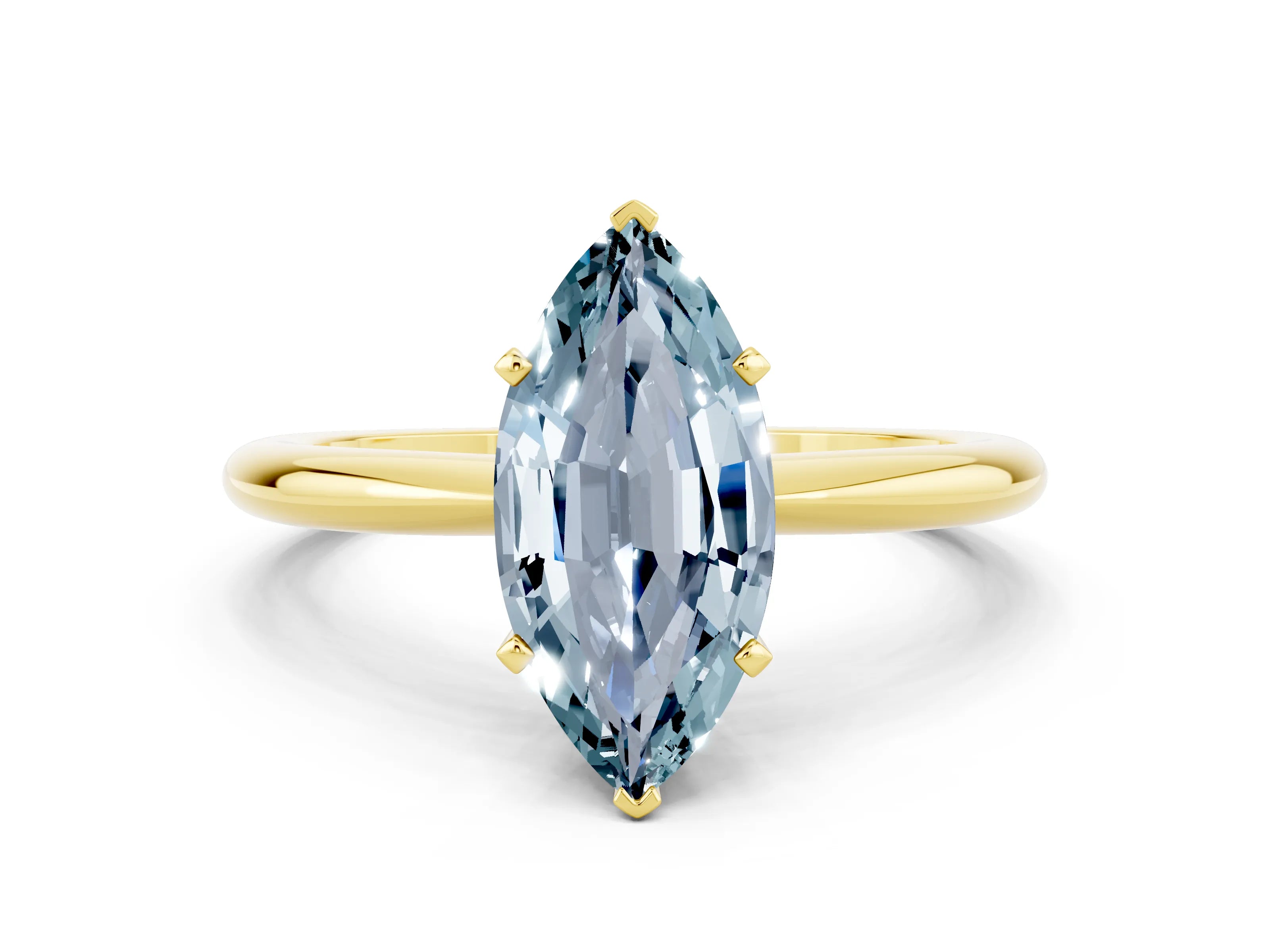 Yellow gold Marquise Cut Aquamarine Solitaire Ring with Six-Prong Setting and Classic Band