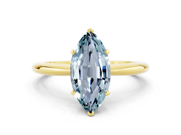 Yellow gold Marquise Cut Aquamarine Solitaire Ring with Six-Prong Setting and Classic Band