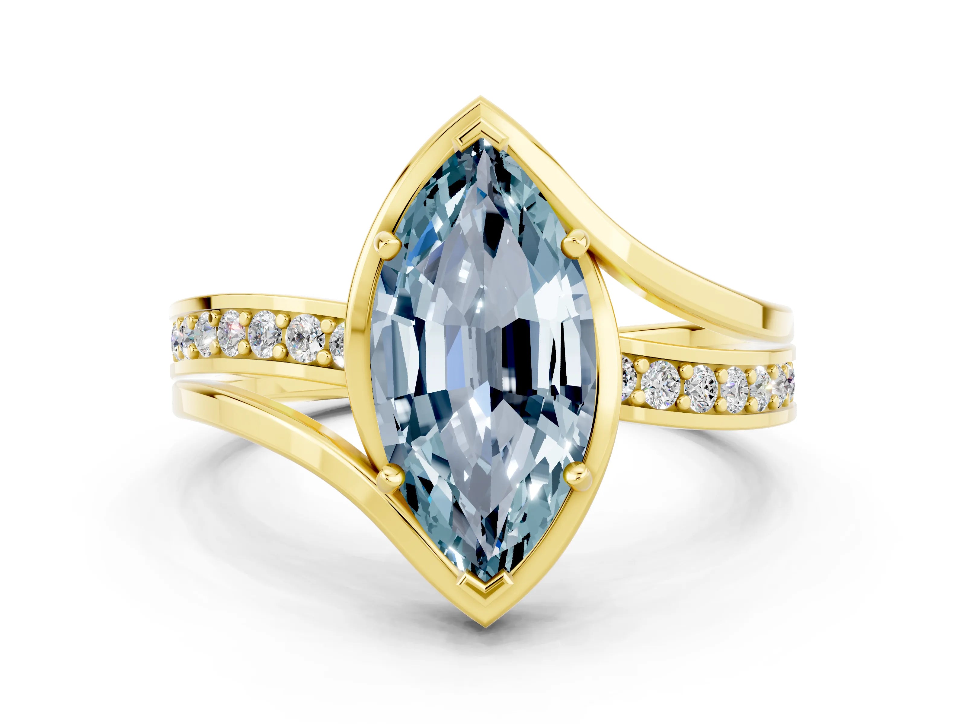 Yellow gold Marquise Cut Aquamarine Solitaire Ring with Split Shank and Prong Setting