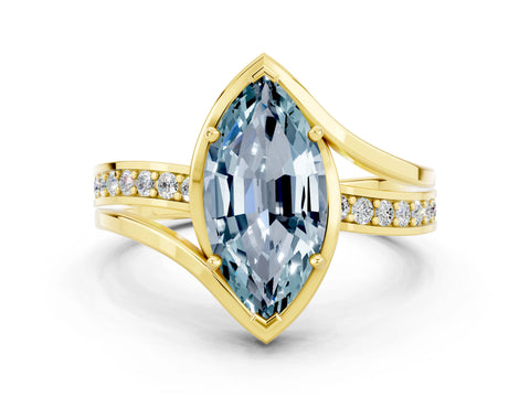 Yellow gold Marquise Cut Aquamarine Solitaire Ring with Split Shank and Prong Setting