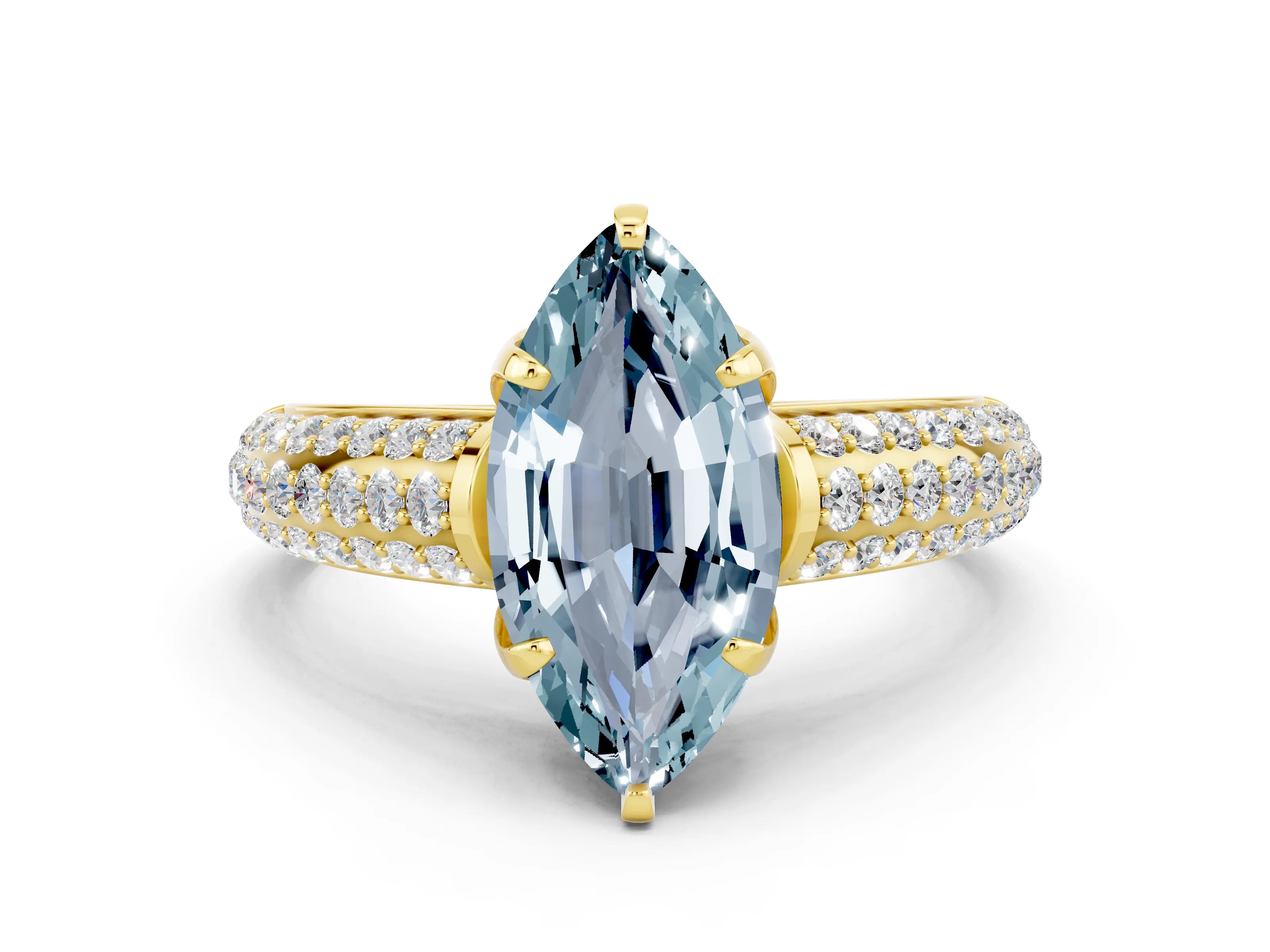 Yellow gold Marquise Cut Aquamarine Solitaire Ring with Three-Row Pavé Band and Four-Prong Setting_12