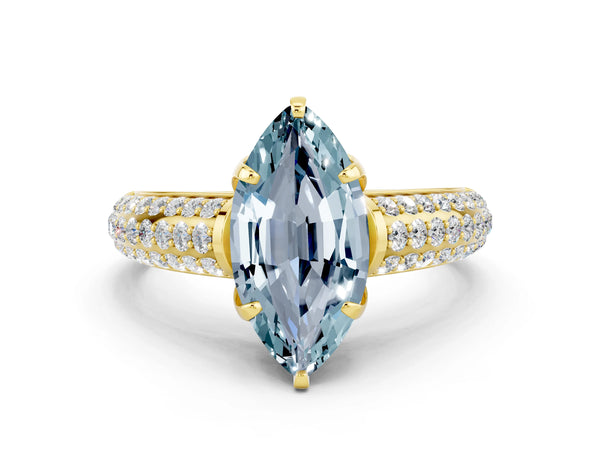 Yellow gold Marquise Cut Aquamarine Solitaire Ring with Three-Row Pavé Band and Four-Prong Setting