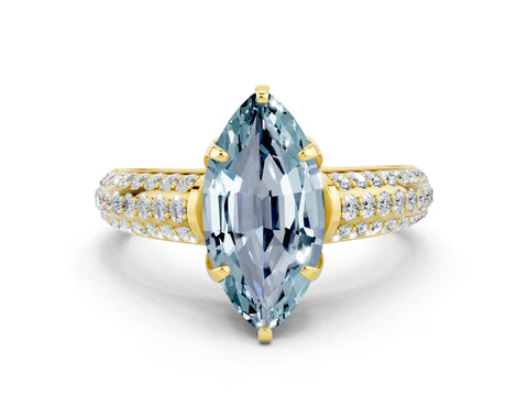 Yellow gold Marquise Cut Aquamarine Solitaire Ring with Three-Row Pavé Band and Four-Prong Setting_12