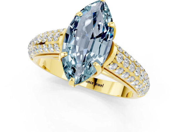 Yellow gold Marquise Cut Aquamarine Solitaire Ring with Three-Row Pavé Band and Four-Prong Setting