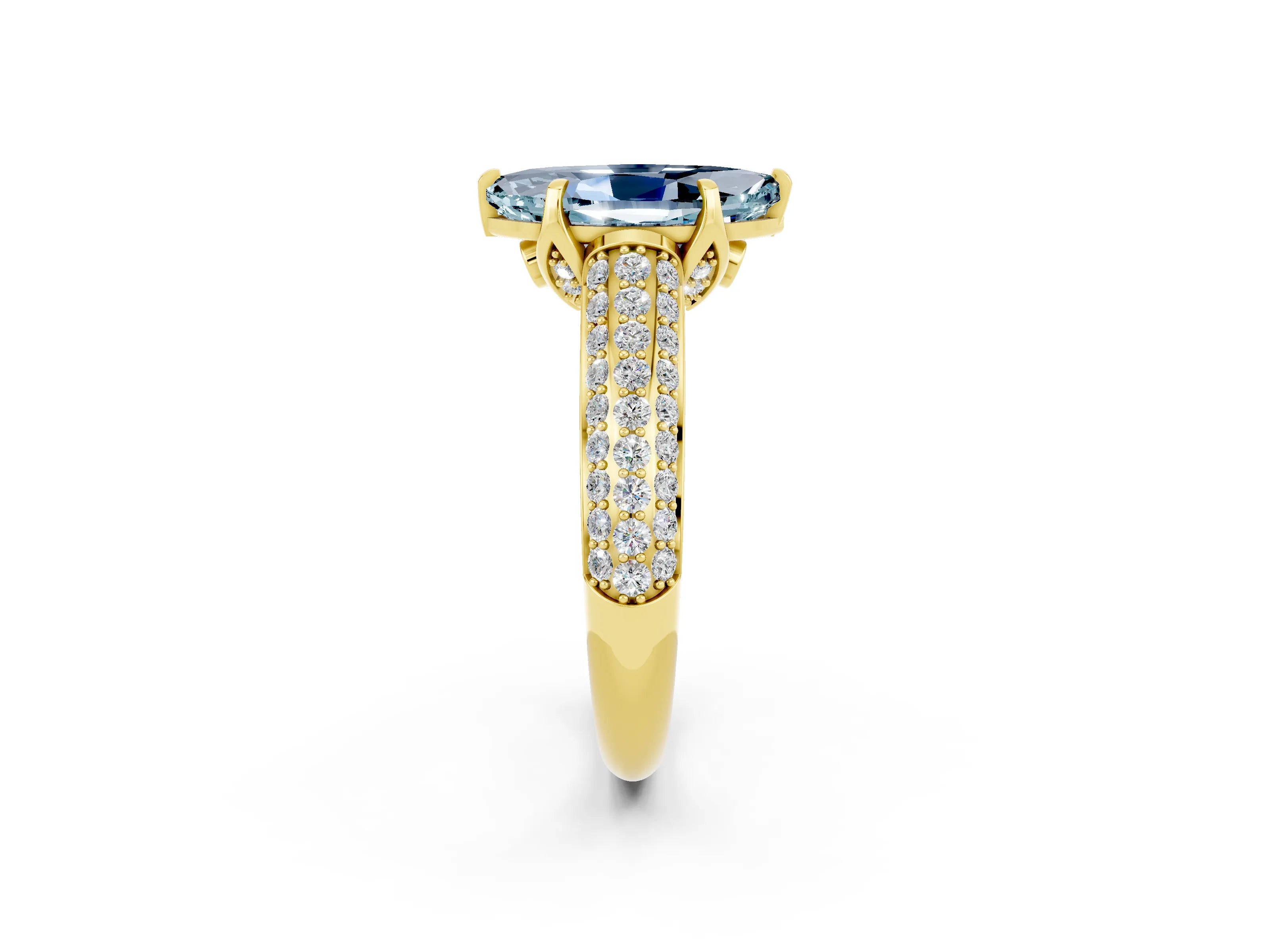 Yellow gold Marquise Cut Aquamarine Solitaire Ring with Three-Row Pavé Band and Four-Prong Setting_14