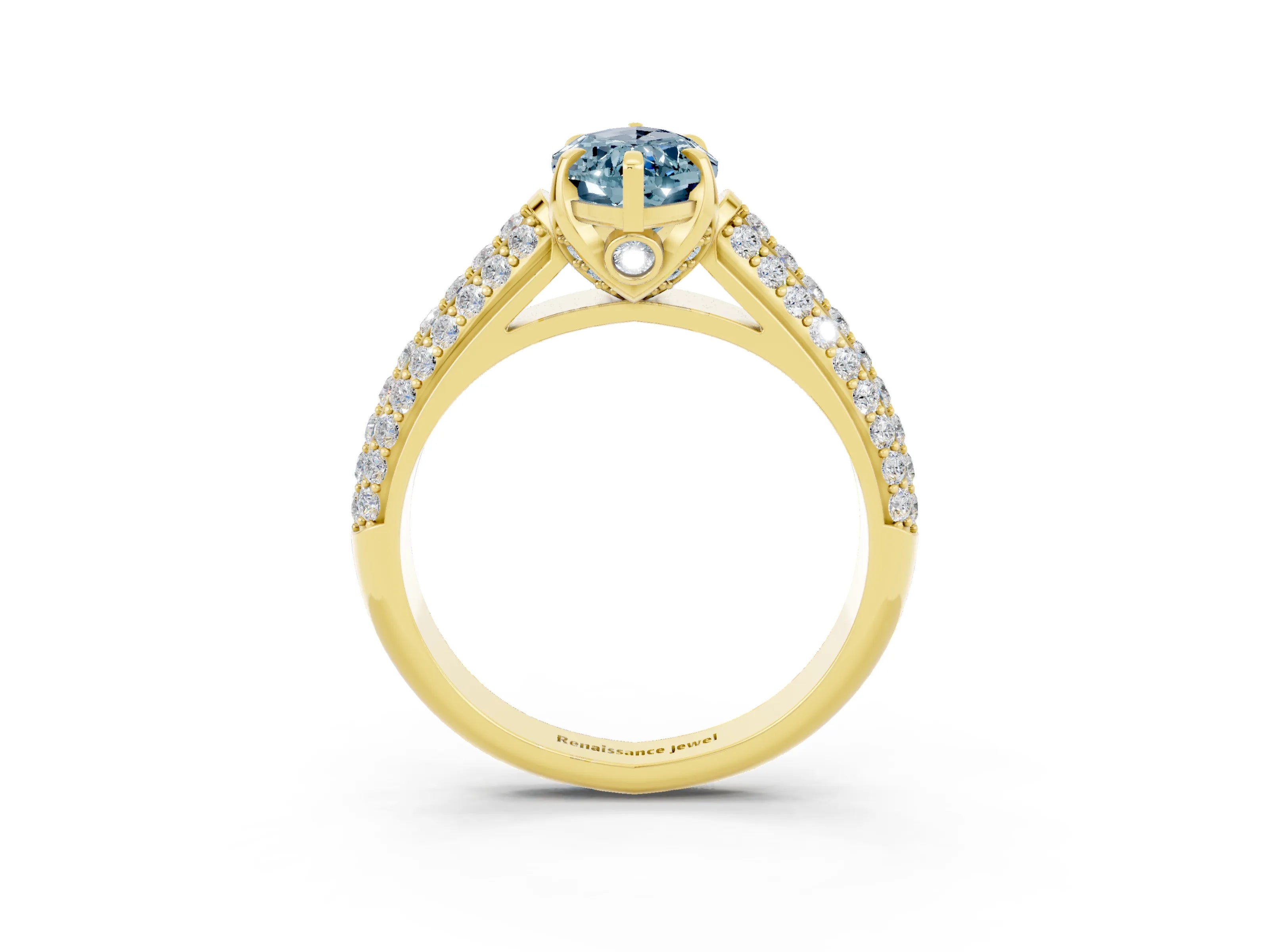 Yellow gold Marquise Cut Aquamarine Solitaire Ring with Three-Row Pavé Band and Four-Prong Setting_15