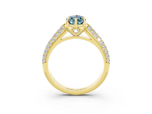 Yellow gold Marquise Cut Aquamarine Solitaire Ring with Three-Row Pavé Band and Four-Prong Setting