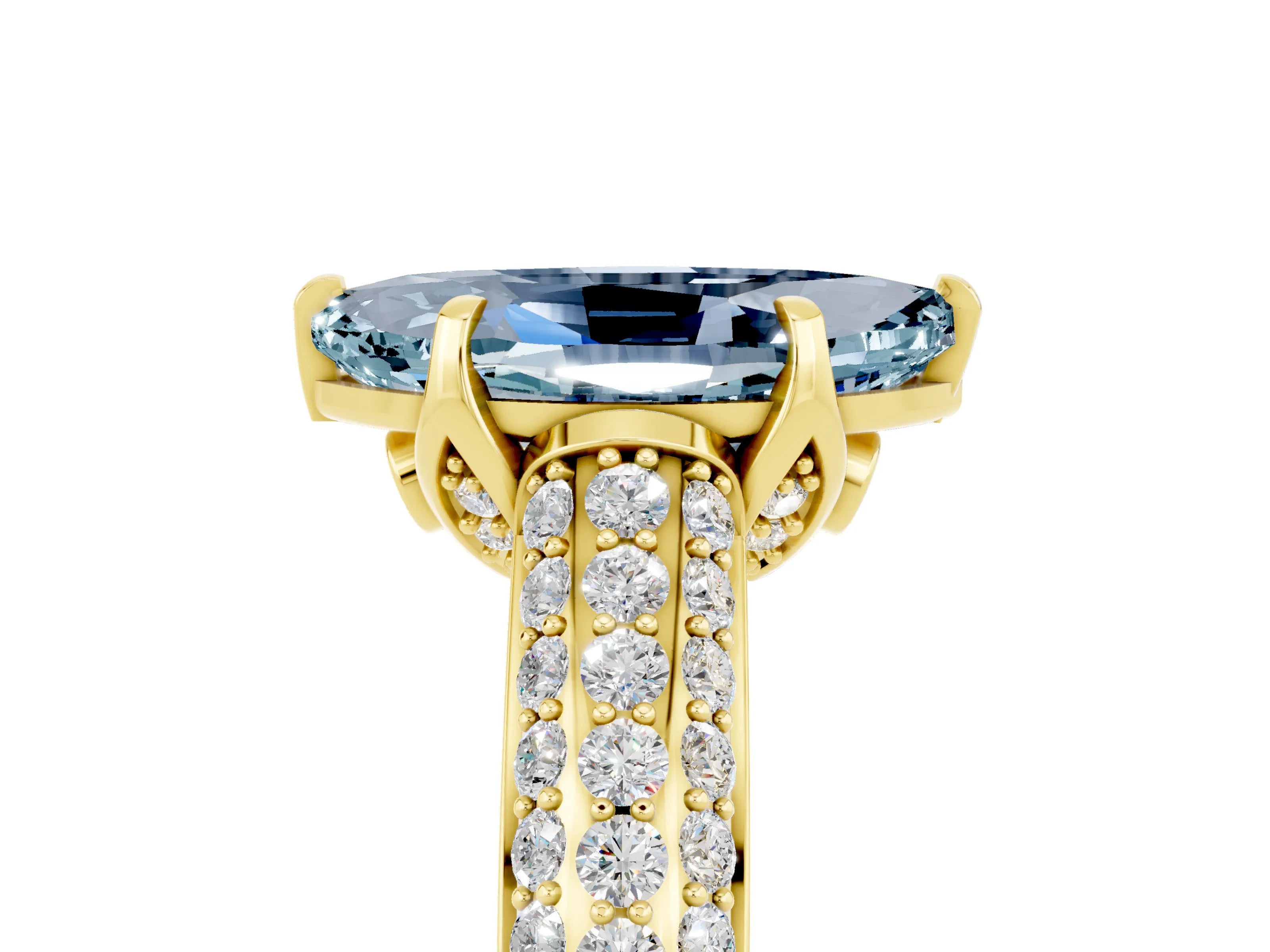 Yellow gold Marquise Cut Aquamarine Solitaire Ring with Three-Row Pavé Band and Four-Prong Setting_17