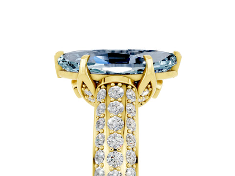 Yellow gold Marquise Cut Aquamarine Solitaire Ring with Three-Row Pavé Band and Four-Prong Setting_17
