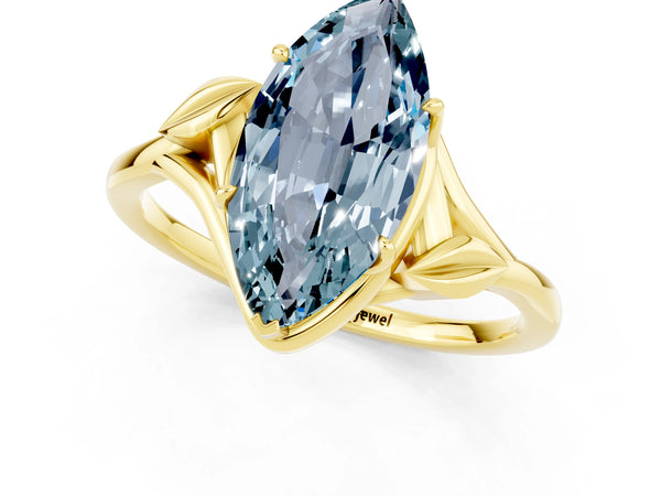 Yellow gold Marquise Cut Aquamarine Solitaire Ring with Twist Band and Four-Prong Setting