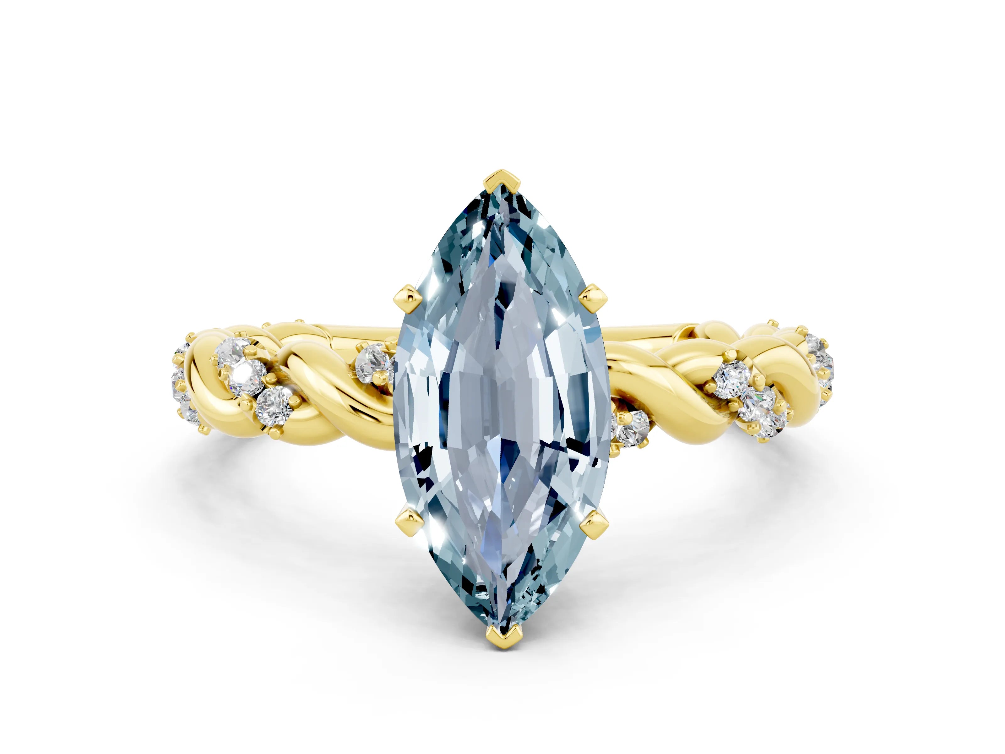 Yellow gold Marquise Cut Aquamarine Solitaire Ring with Twisted Band and Pavé Accents