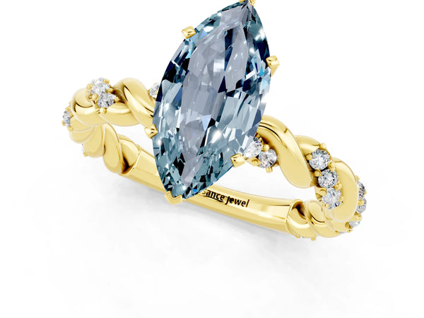 Yellow gold Marquise Cut Aquamarine Solitaire Ring with Twisted Band and Pavé Accents