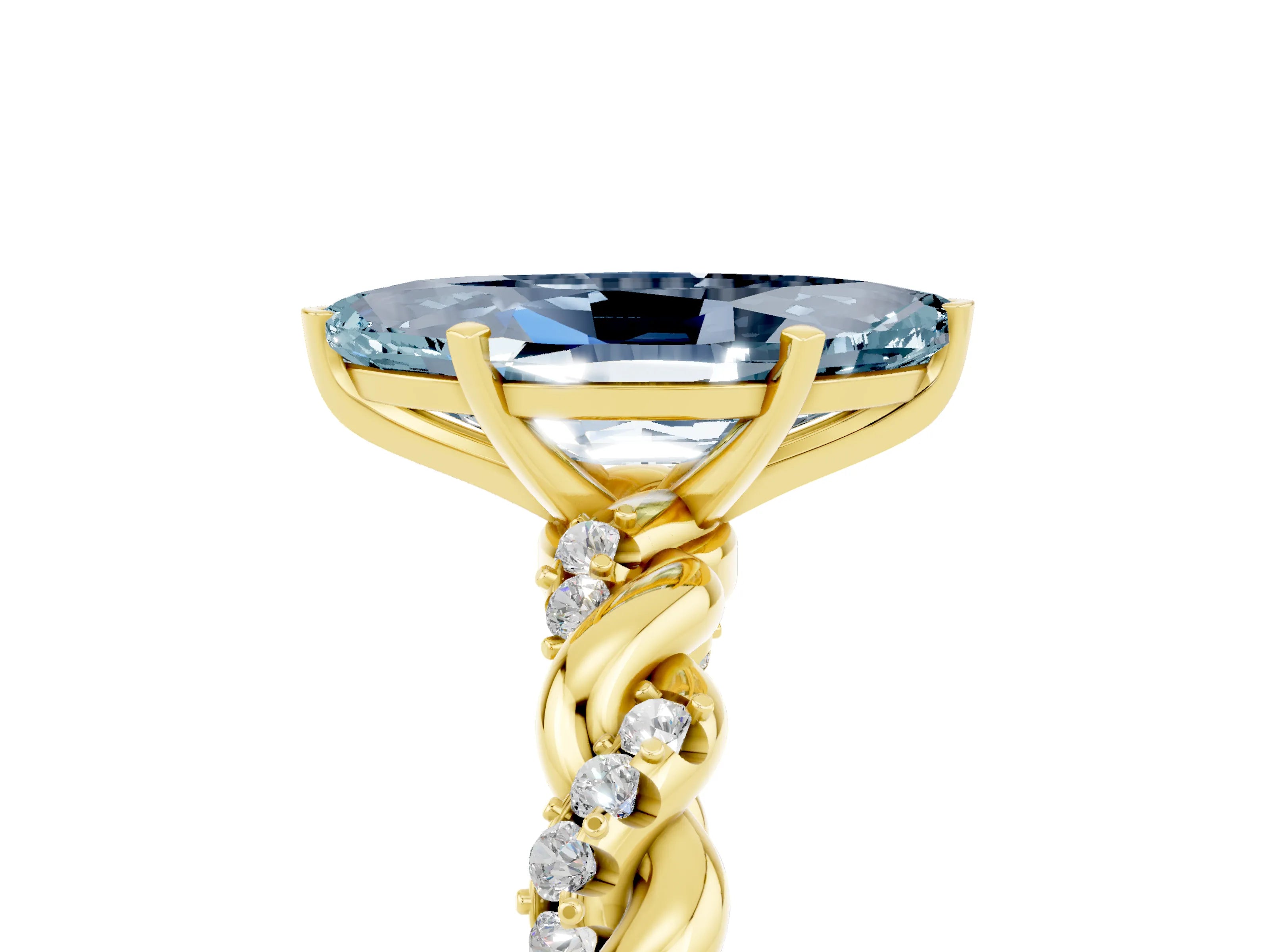 Yellow gold Marquise Cut Aquamarine Solitaire Ring with Twisted Band and Pavé Accents_5