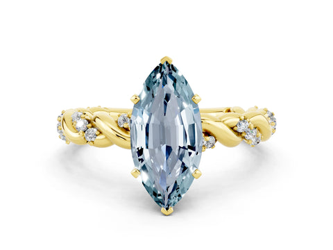 Yellow gold Marquise Cut Aquamarine Solitaire Ring with Twisted Band and Pavé Accents