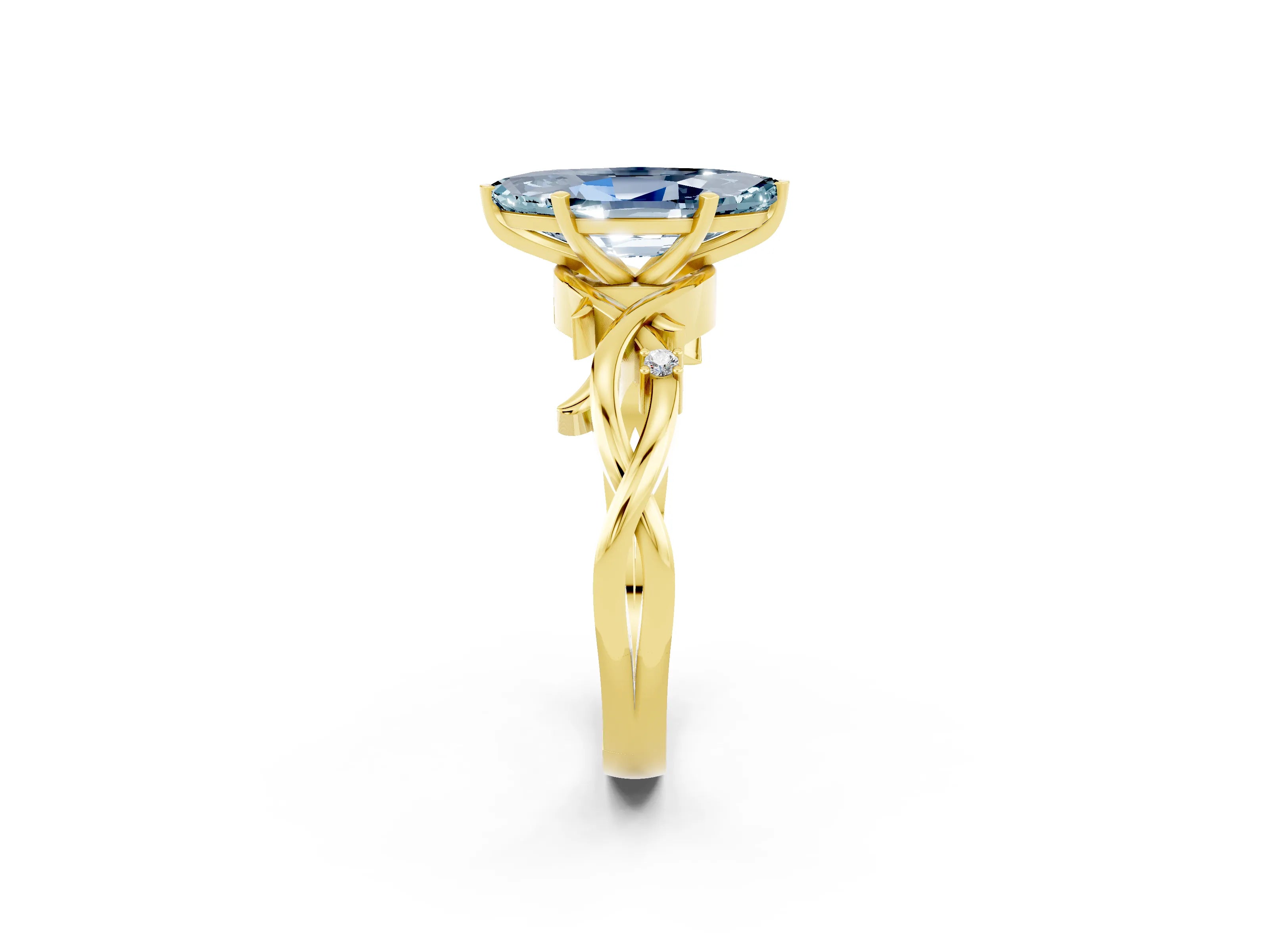 Yellow gold Marquise Cut Aquamarine Solitaire Ring with Twisted Band and Prong Setting_2