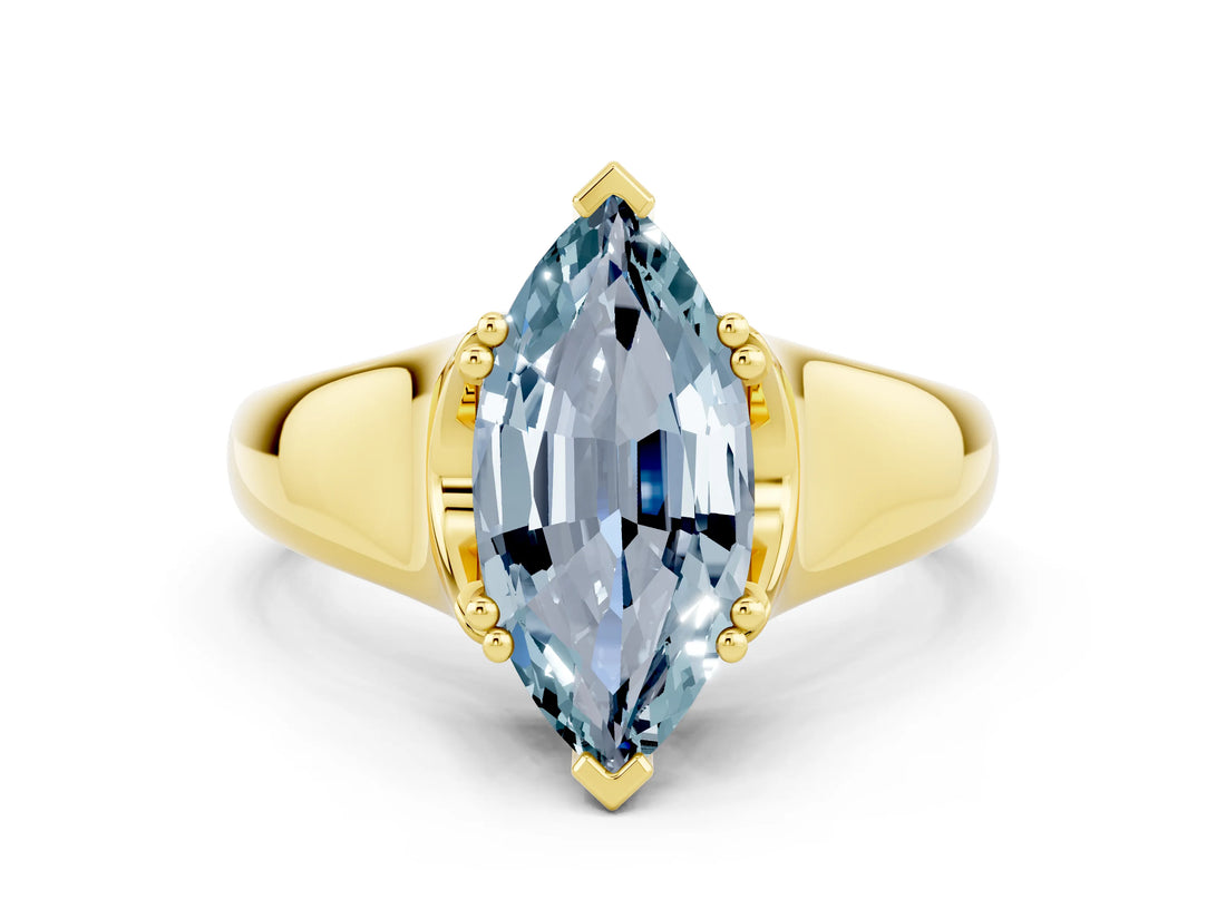 Yellow gold Marquise Cut Aquamarine Solitaire Ring with Wide Band and Prong Setting