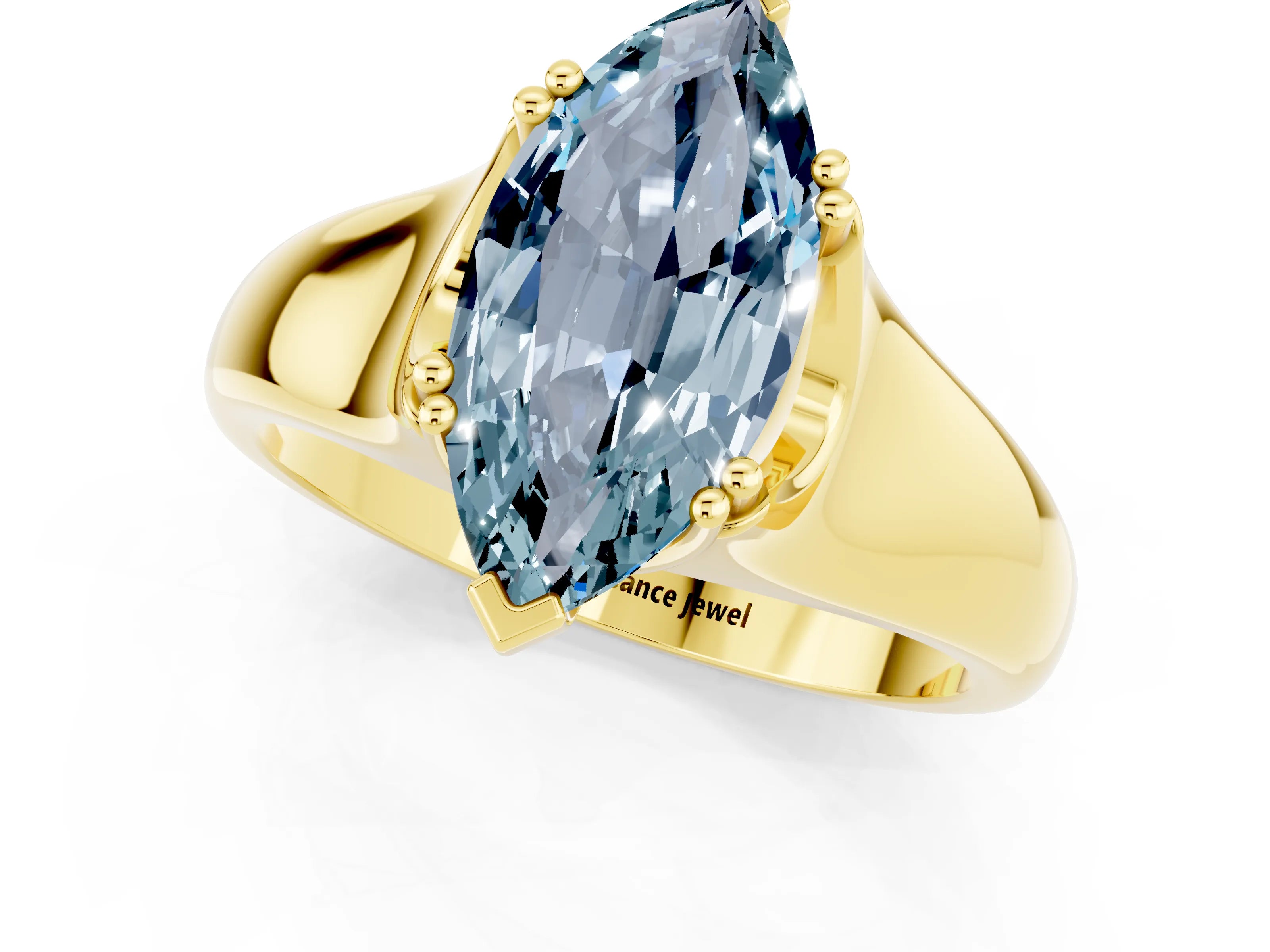 Yellow gold Marquise Cut Aquamarine Solitaire Ring with Wide Band and Prong Setting_1