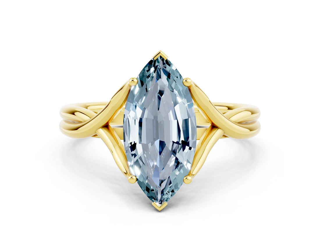 Yellow gold Marquise Cut Aquamarine Solitaire Twist Band Prong Setting Ring_36