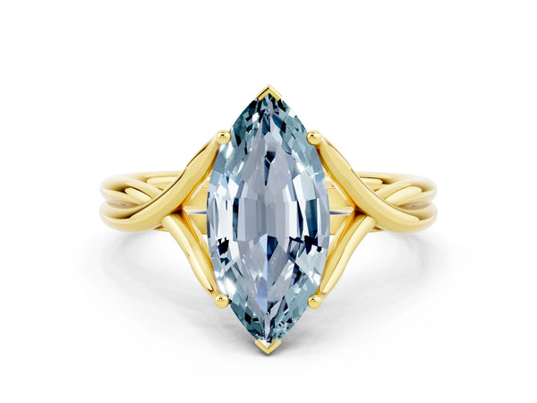 Yellow gold Marquise Cut Aquamarine Solitaire Twist Band Prong Setting Ring