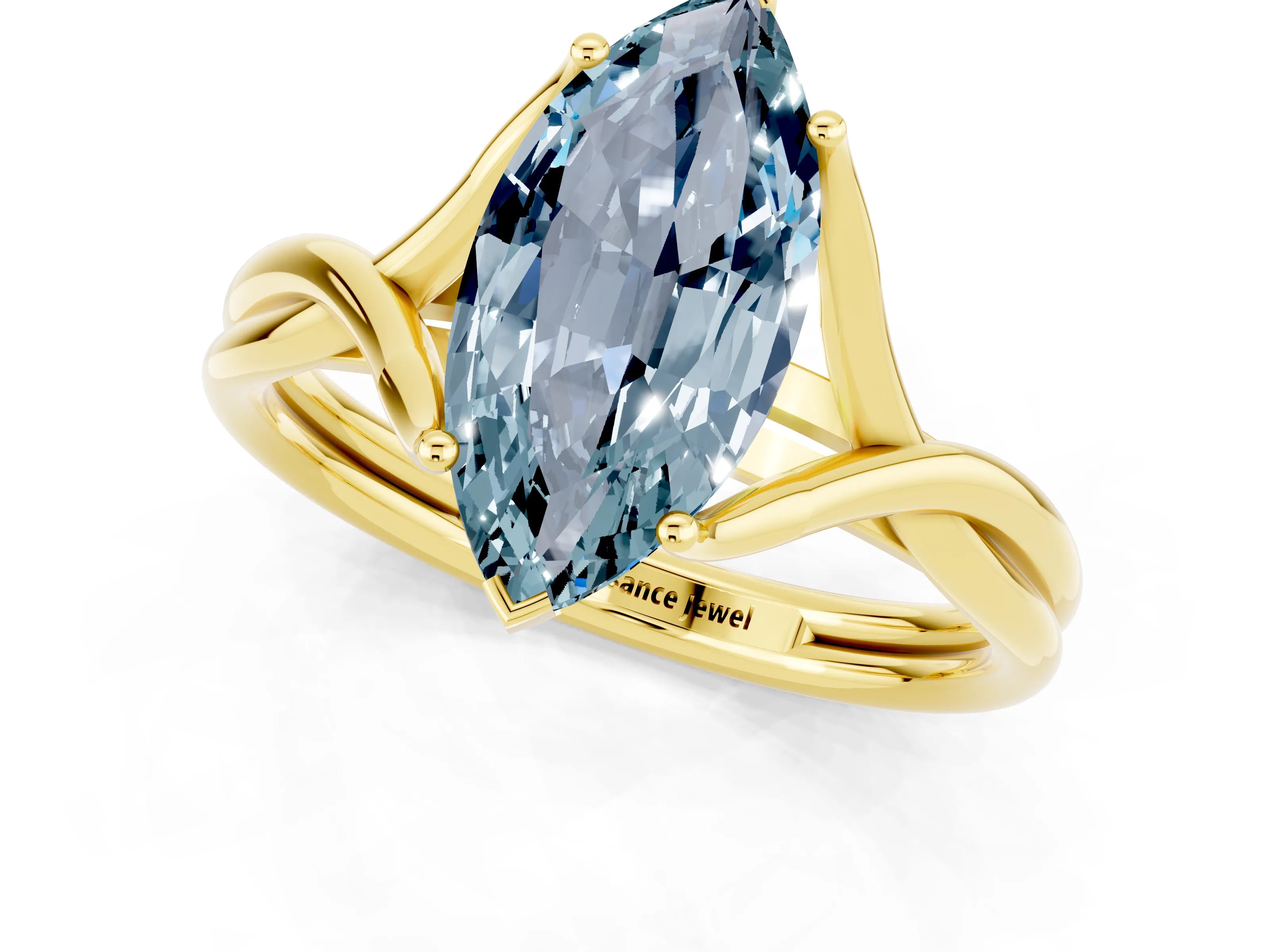 Yellow gold Marquise Cut Aquamarine Solitaire Twist Band Prong Setting Ring_37