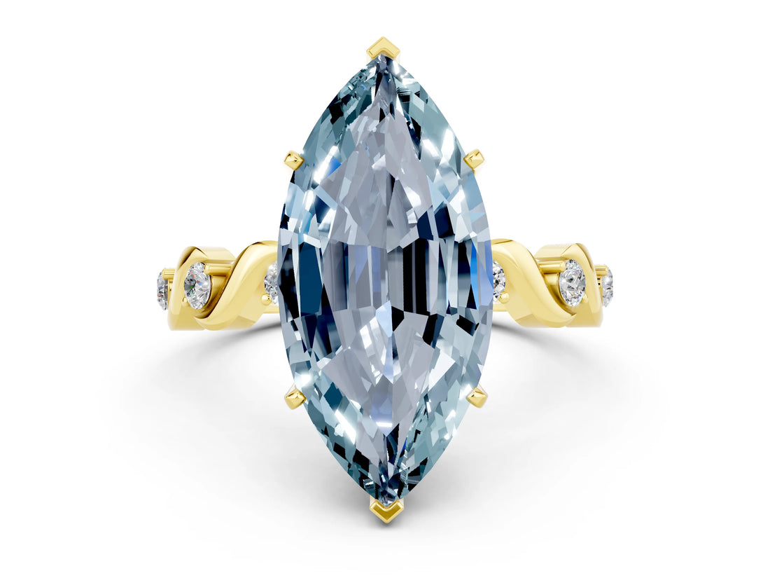 Yellow gold Marquise Cut Aquamarine Solitaire Twisted Band with Round  Accents and Prong Setting_12