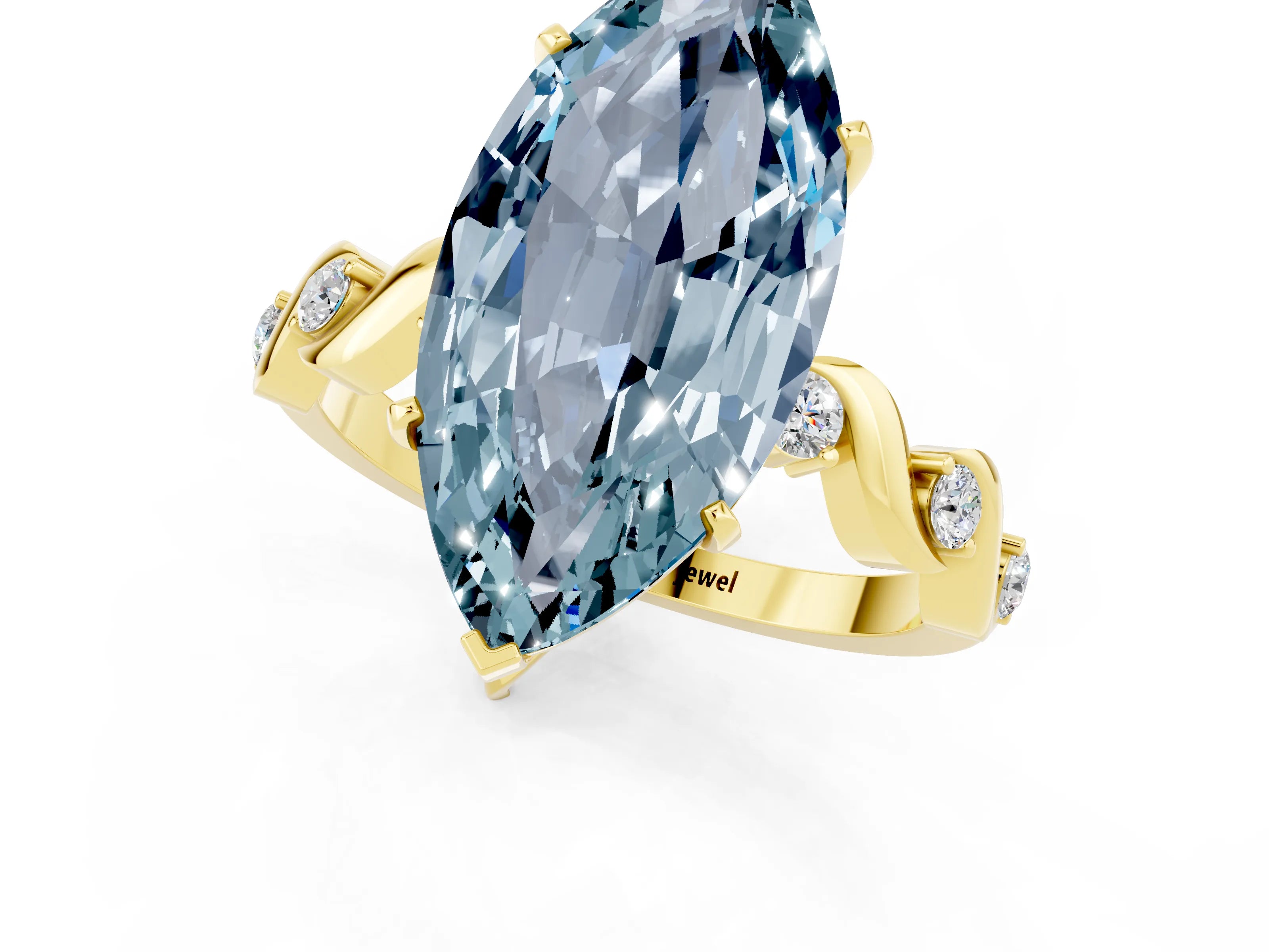 Yellow gold Marquise Cut Aquamarine Solitaire Twisted Band with Round  Accents and Prong Setting_13