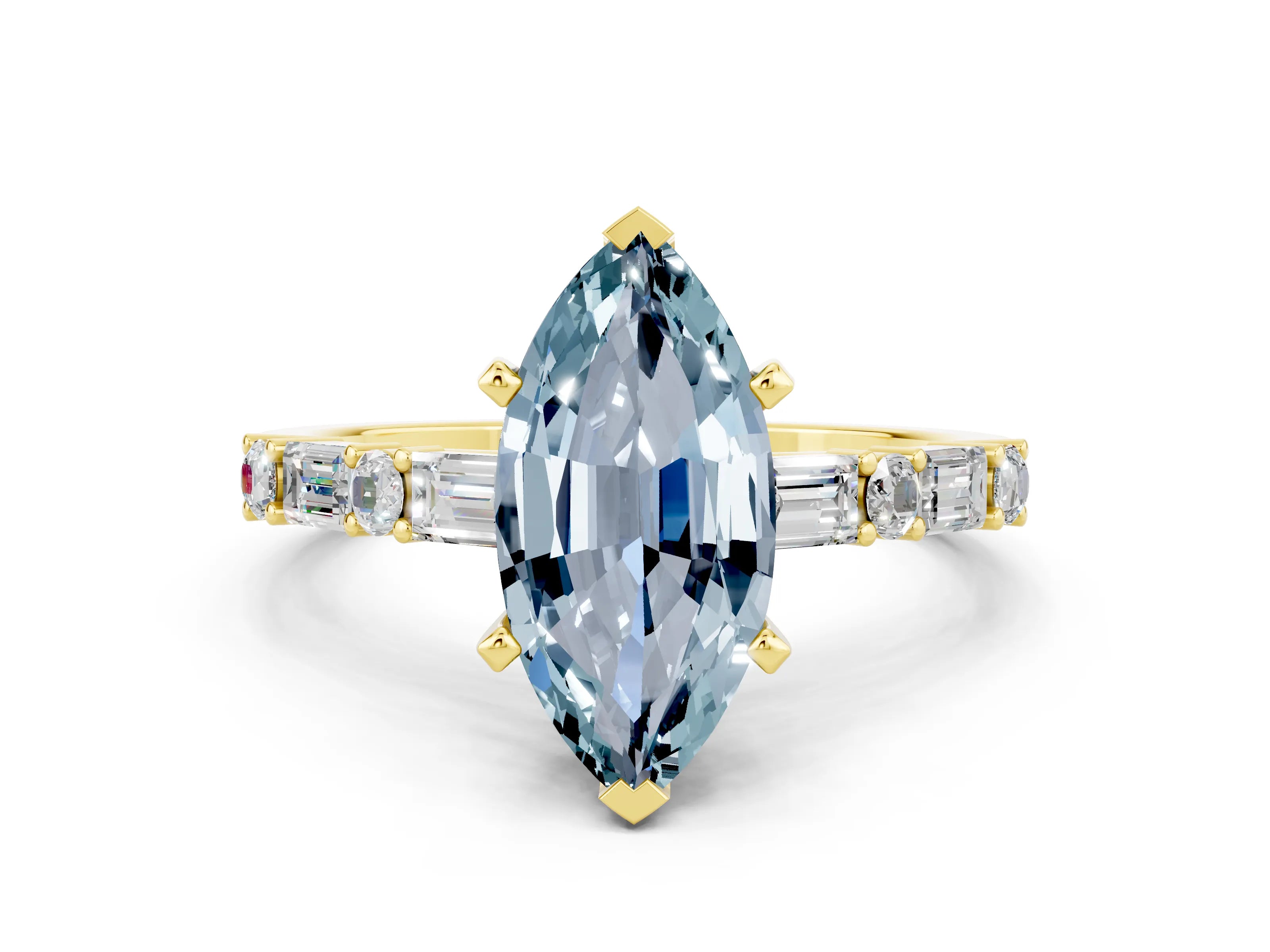 Yellow gold Marquise Cut Aquamarine Solitaire with Side Baguettes and Channel Set Band