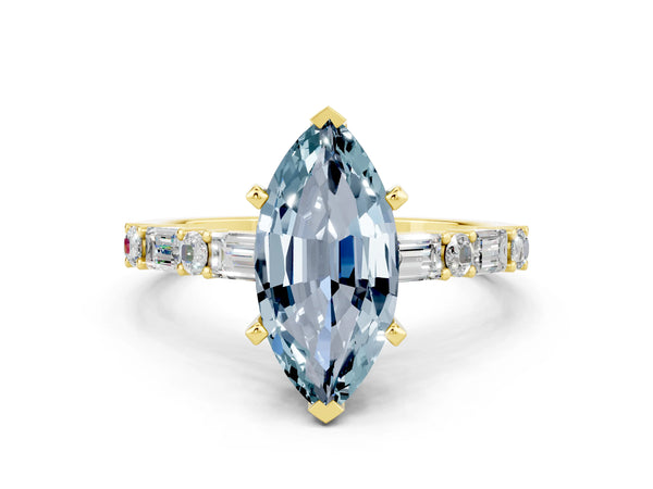 Yellow gold Marquise Cut Aquamarine Solitaire with Side Baguettes and Channel Set Band