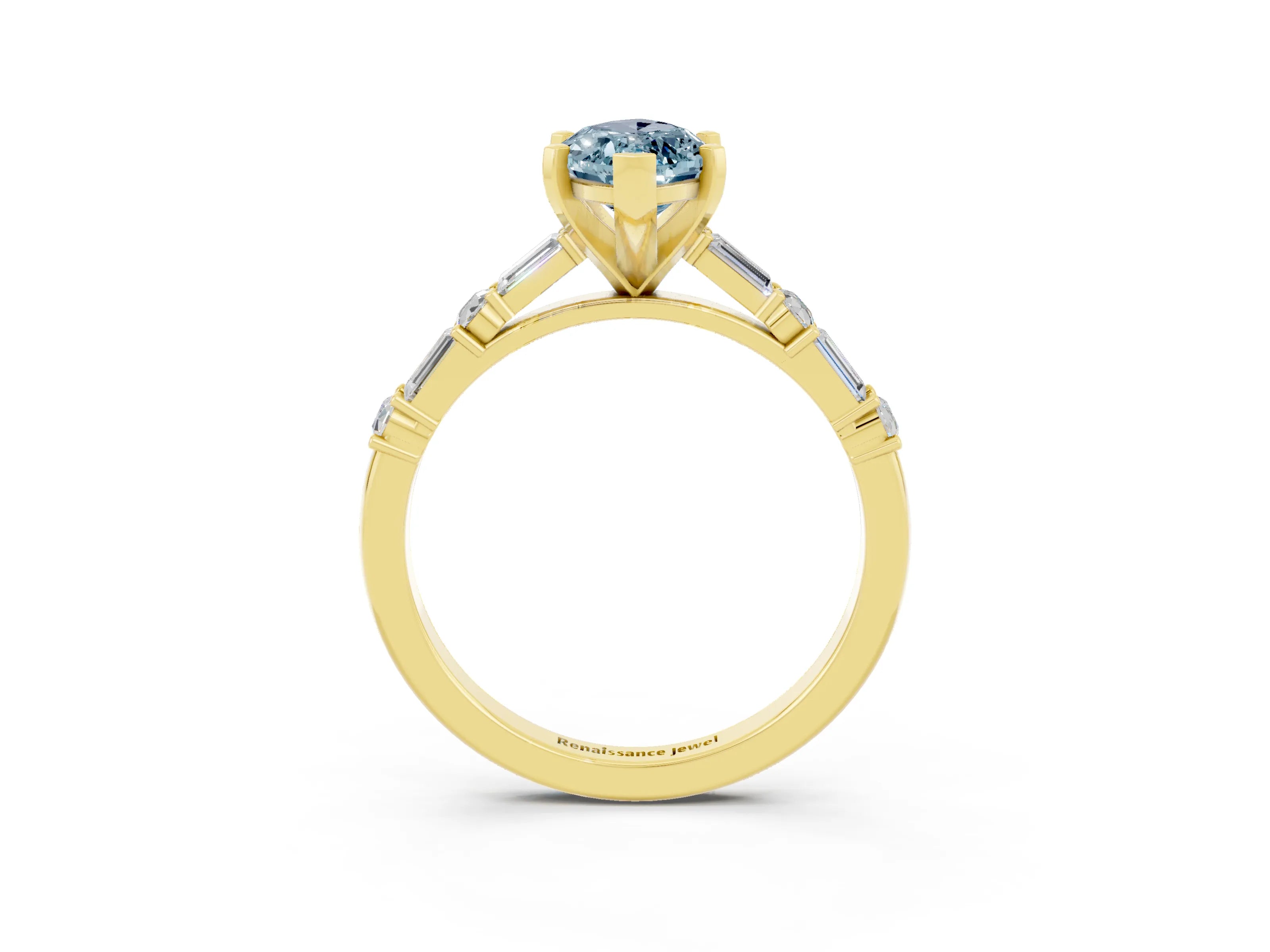 Yellow gold Marquise Cut Aquamarine Solitaire with Side Baguettes and Channel Set Band_3