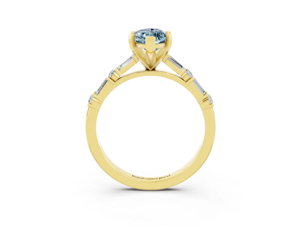 Yellow gold Marquise Cut Aquamarine Solitaire with Side Baguettes and Channel Set Band