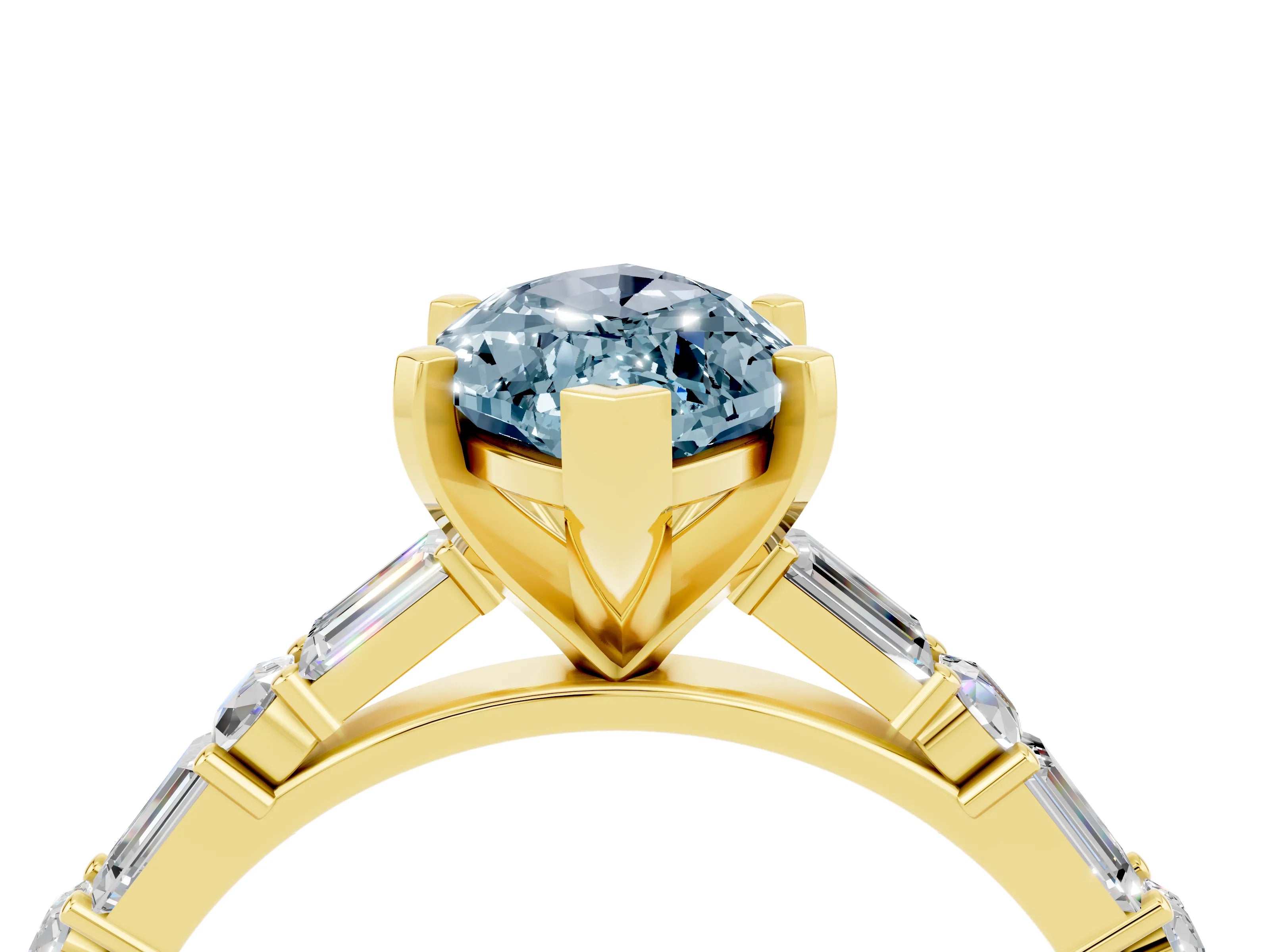 Yellow gold Marquise Cut Aquamarine Solitaire with Side Baguettes and Channel Set Band_4