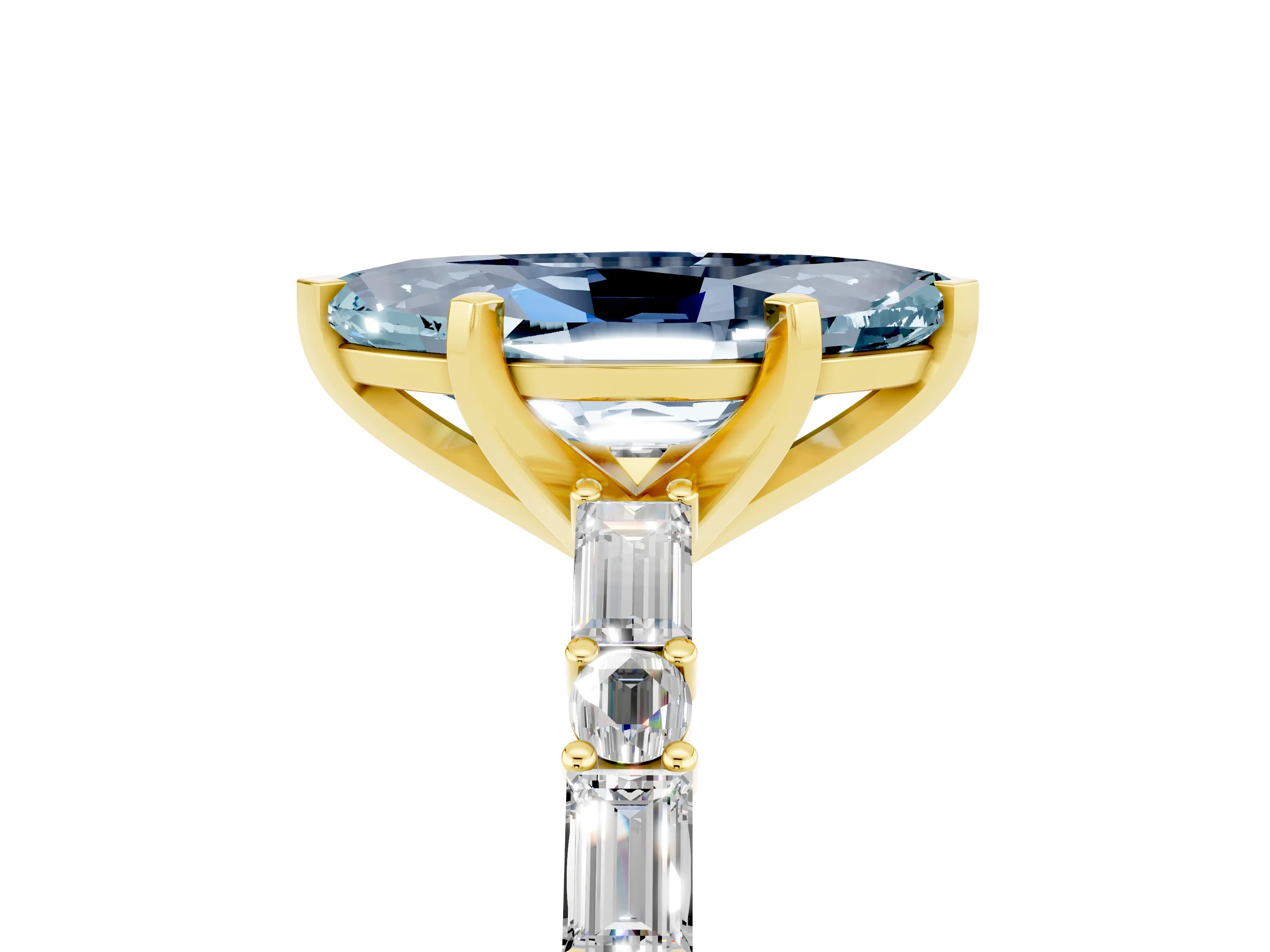 Yellow gold Marquise Cut Aquamarine Solitaire with Side Baguettes and Channel Set Band_5