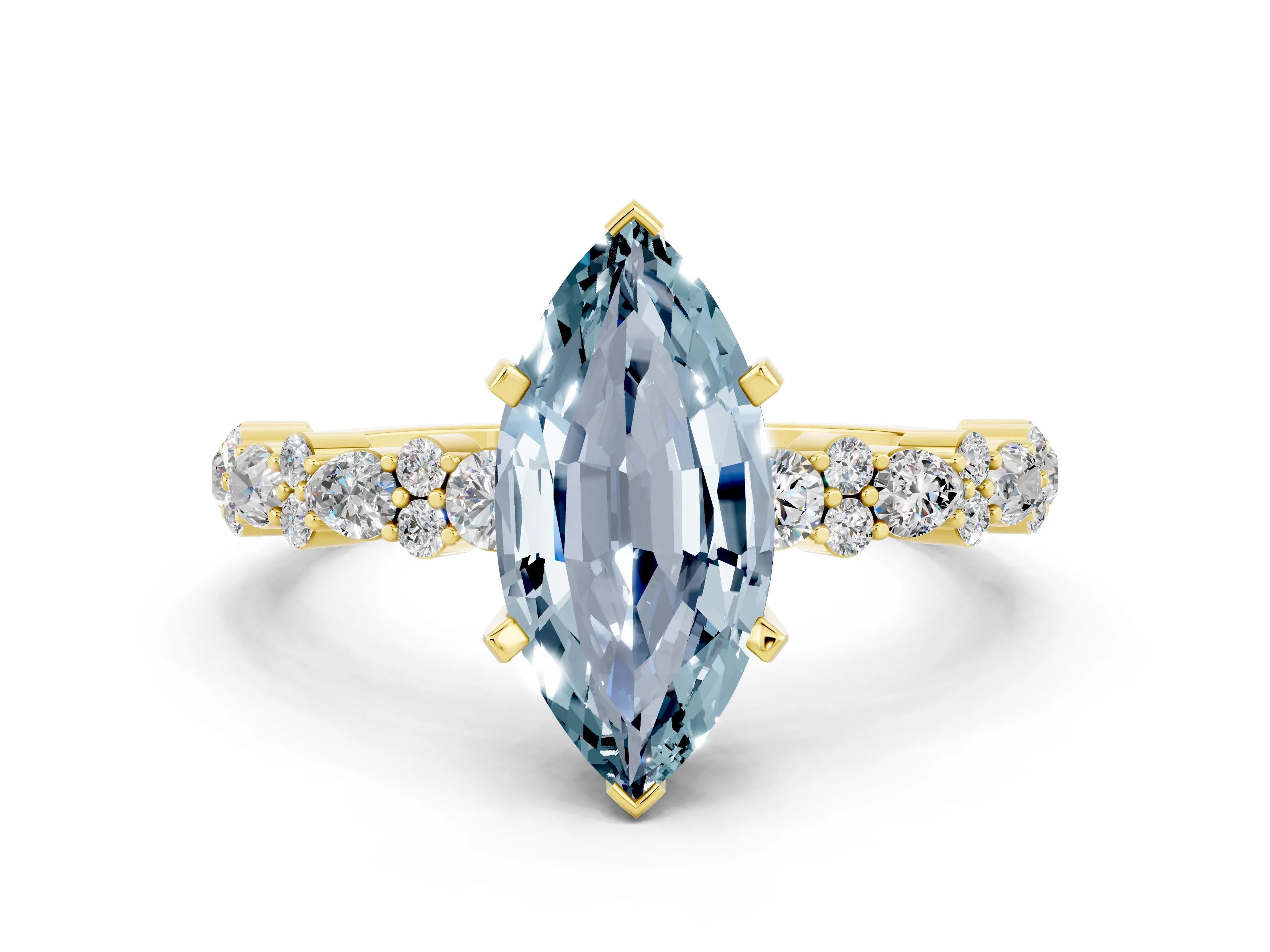 Yellow gold Marquise Cut Aquamarine Solitaire with Side Stones, Pave Band, Four-Prong Setting_36