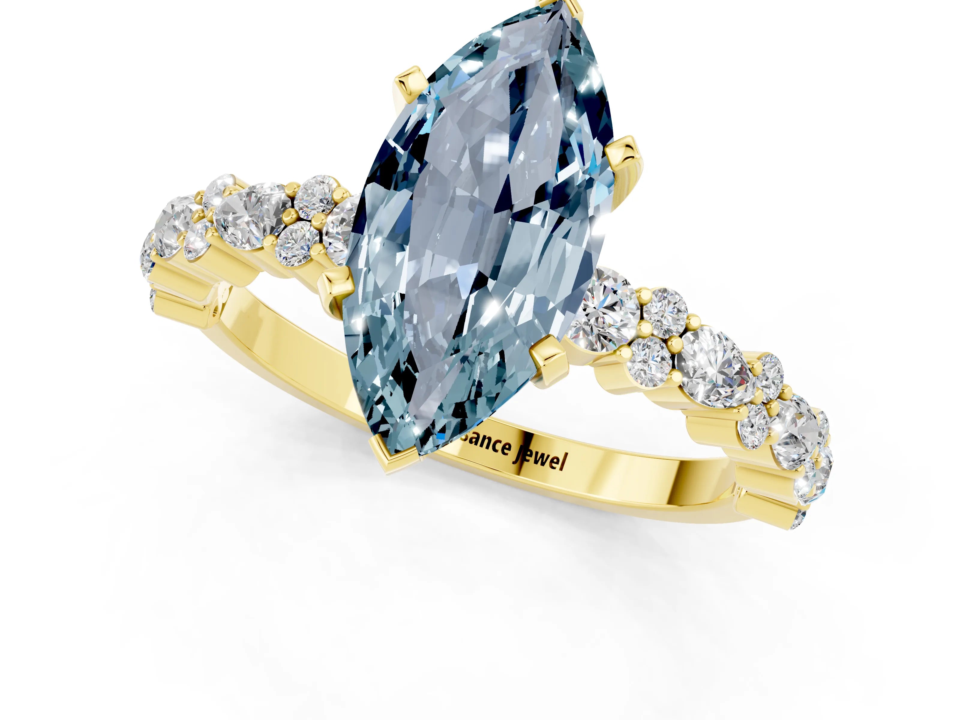 Yellow gold Marquise Cut Aquamarine Solitaire with Side Stones, Pave Band, Four-Prong Setting_37