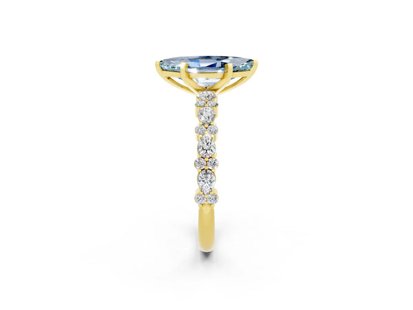 Yellow gold Marquise Cut Aquamarine Side Stone Solitaire Ring with Round  and Four-Prong Setting
