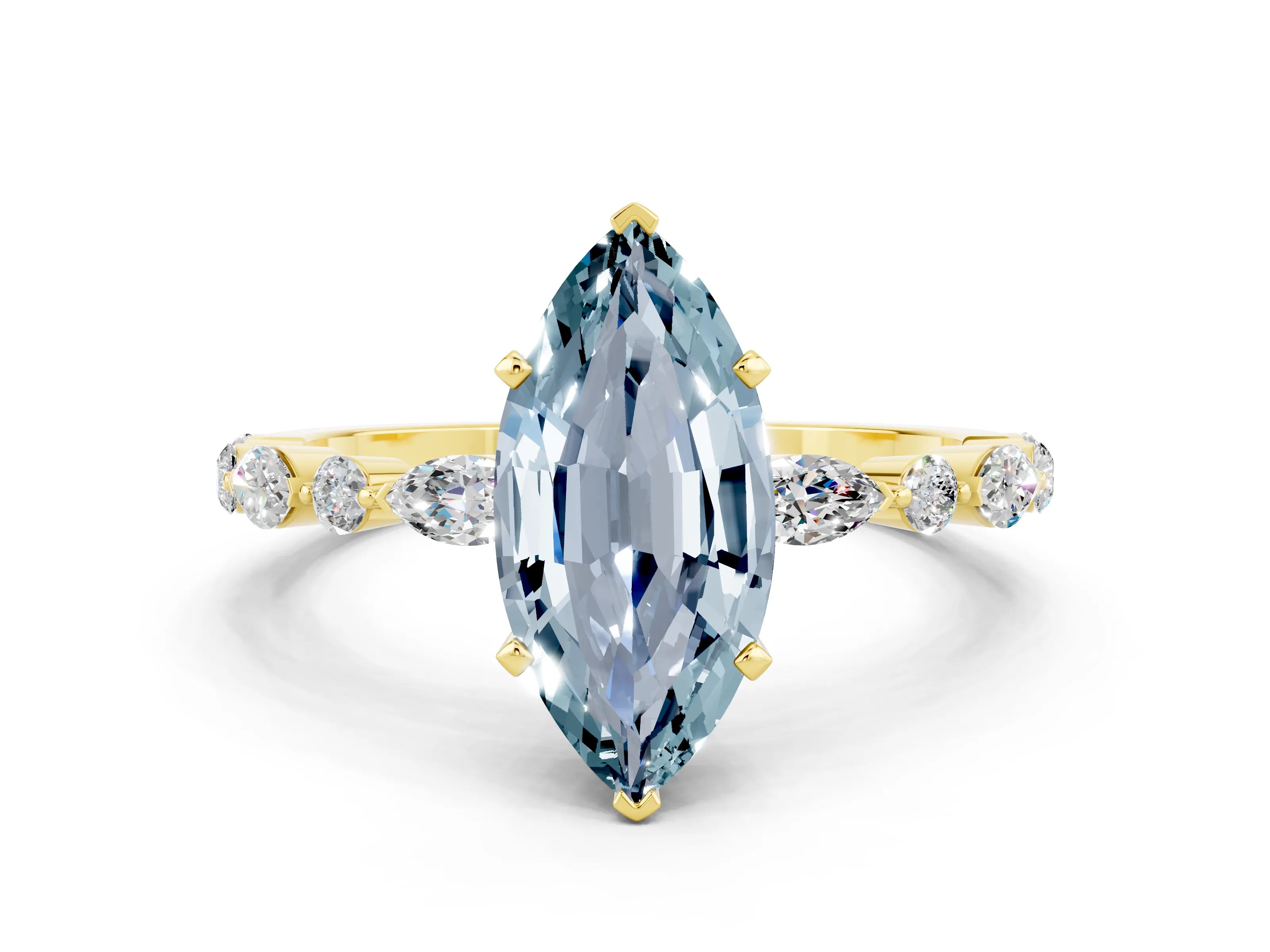 Yellow gold Marquise Cut Aquamarine Solitaire with Side Stones on a Pavé Band and Four-Prong Setting