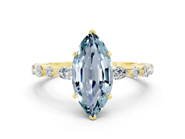 Yellow gold Marquise Cut Aquamarine Ring with Marquise and Round  Side Stones and Four-Prong Setting