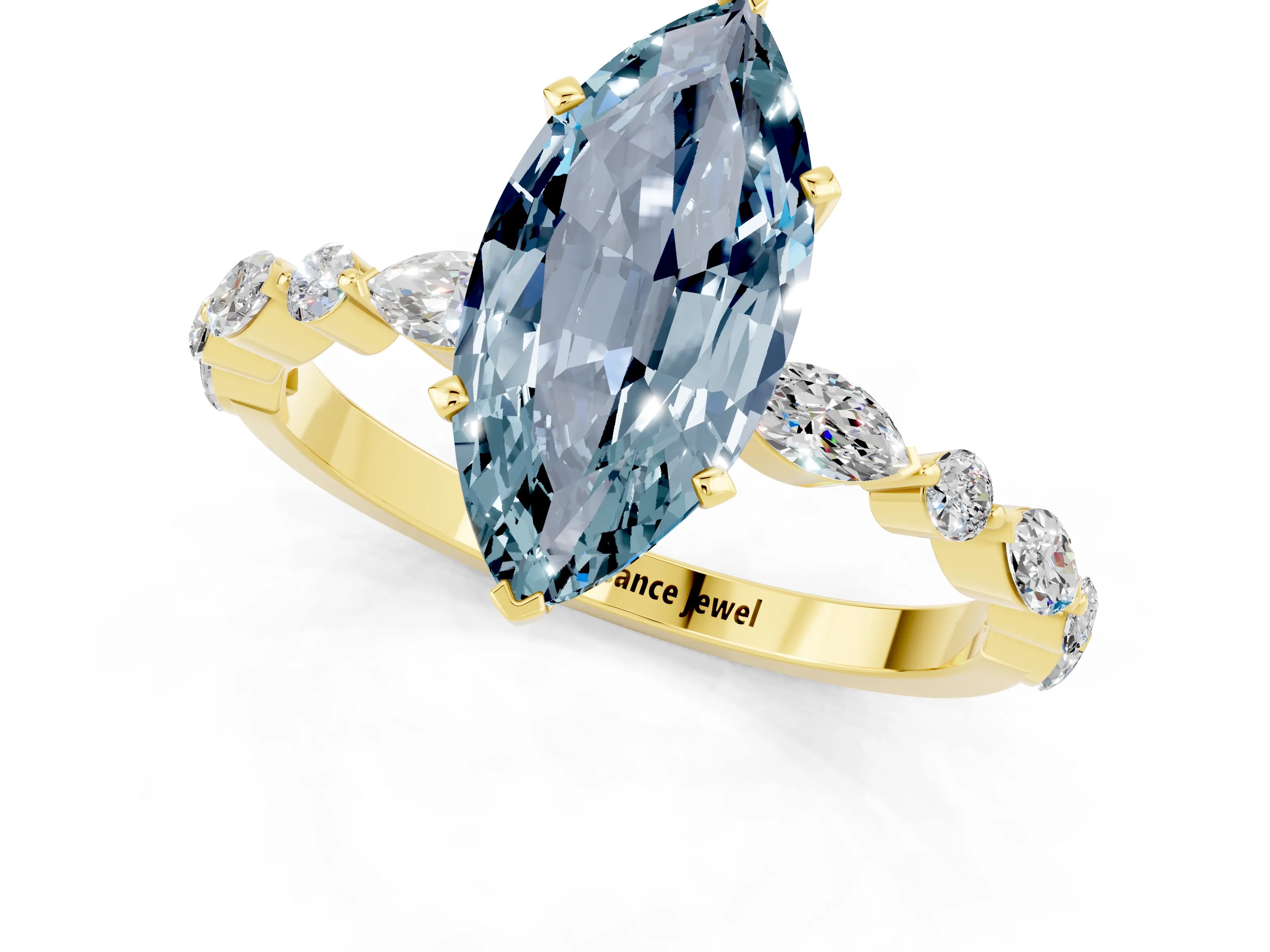 Yellow gold Marquise Cut Aquamarine Solitaire with Side Stones on a Pavé Band and Four-Prong Setting_1