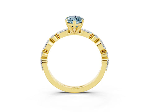 Yellow gold Marquise Cut Aquamarine Solitaire with Side Stones on a Pavé Band and Four-Prong Setting_3