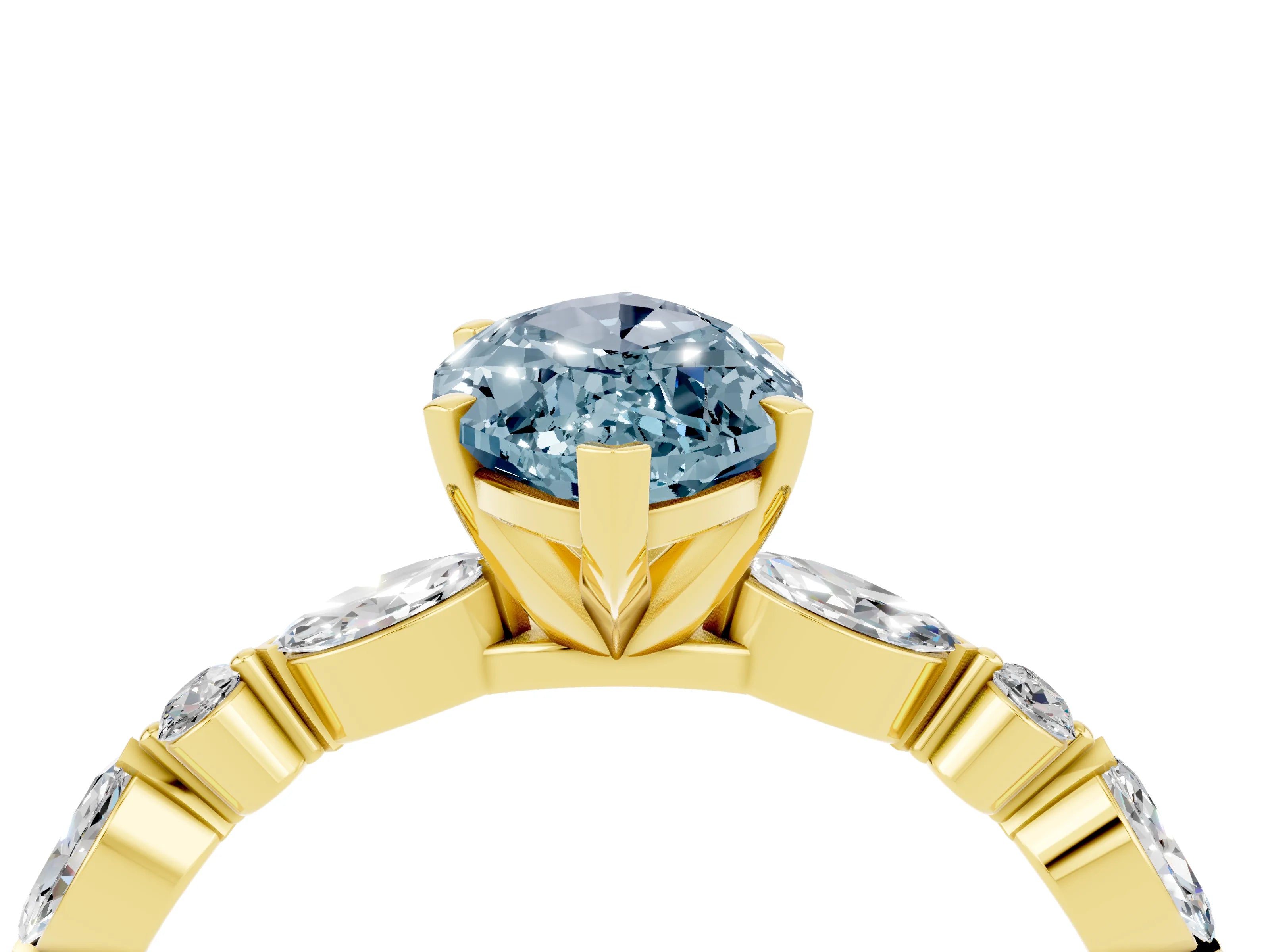 Yellow gold Marquise Cut Aquamarine Solitaire with Side Stones on a Pavé Band and Four-Prong Setting_4