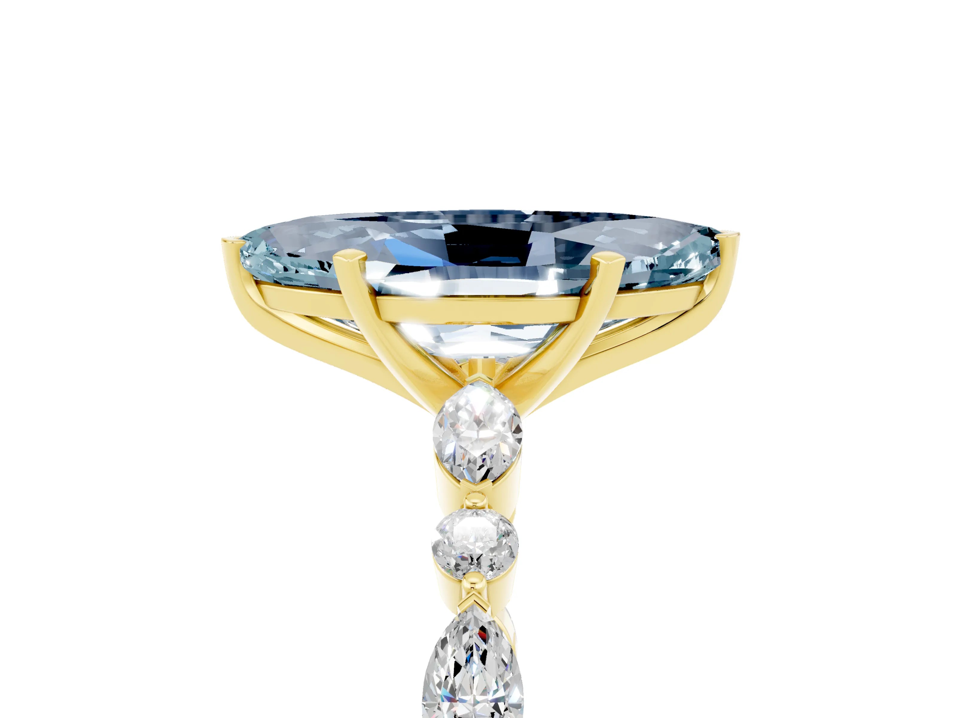 Yellow gold Marquise Cut Aquamarine Solitaire with Side Stones on a Pavé Band and Four-Prong Setting_5
