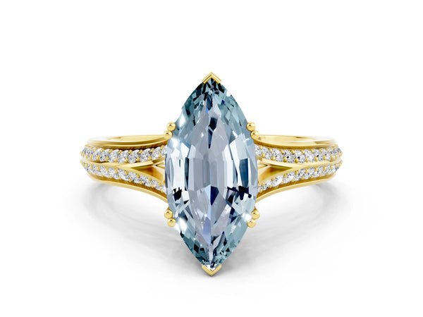 Yellow gold Marquise Cut Aquamarine Split Shank Engagement Ring with Pavé Band